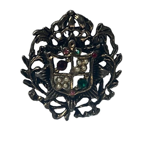 Antique Edwardian Coat of Arms Shield Crest Pink Garnet Emerald Pearls Brooch - Picture 5 of 12